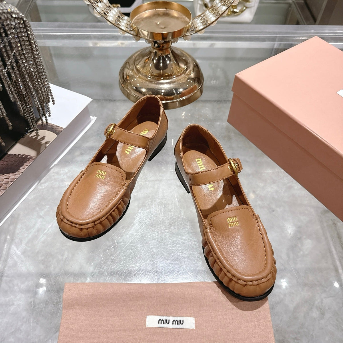 Miu Mary Jane Ballet Flats Camel Brown Calfskin 592045