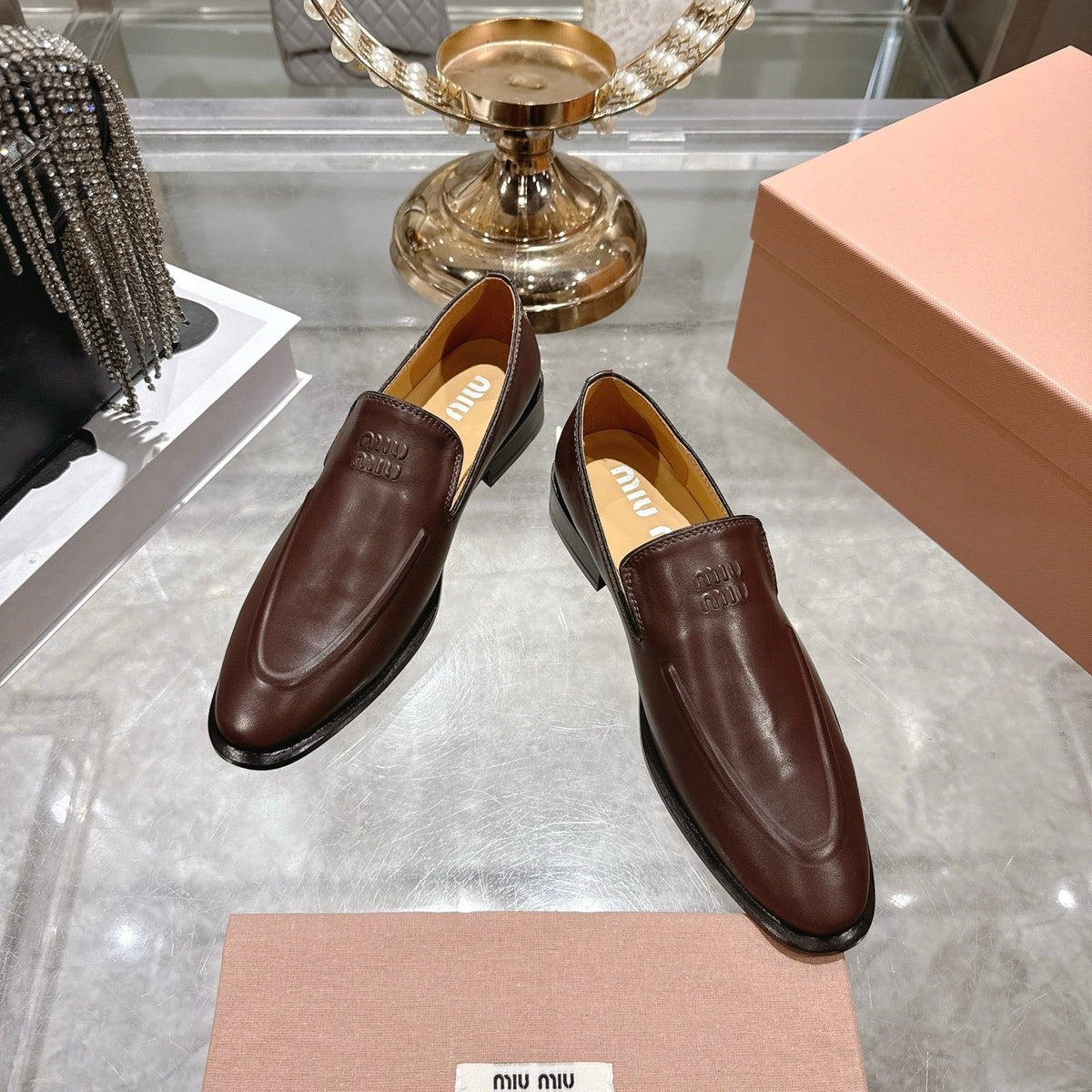 Miu Distressed Loafers Brown Cowhide 592053