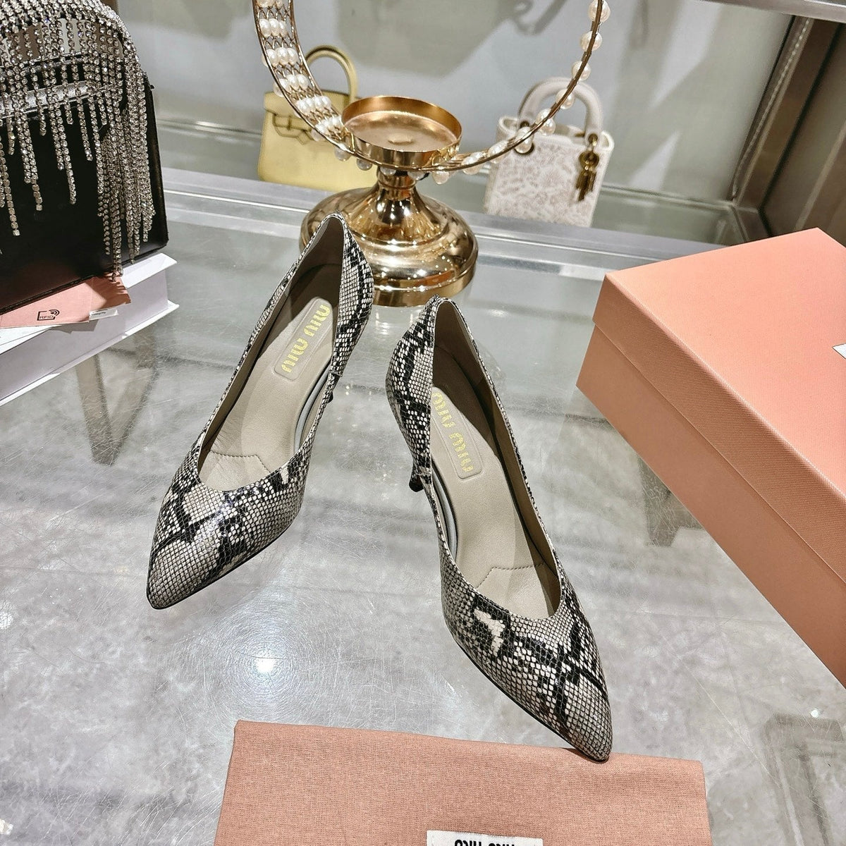 Miu High Heel Pumps Gray Black Snakeskin 592074