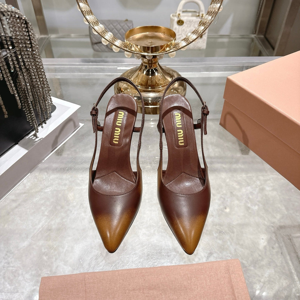 Miu 26 High Heel Slingback 75 Camel Brown Cowhide 592083