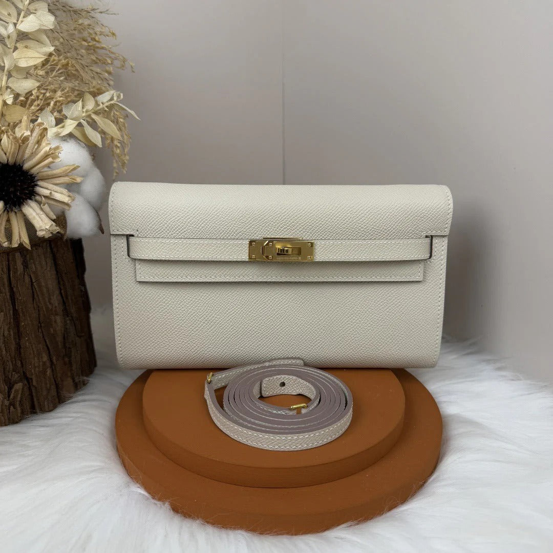 HM KELLY CLASSIQUE TO GO WALLET 20 IN BEIGE CALFSKIN GOLD HARDWARE
