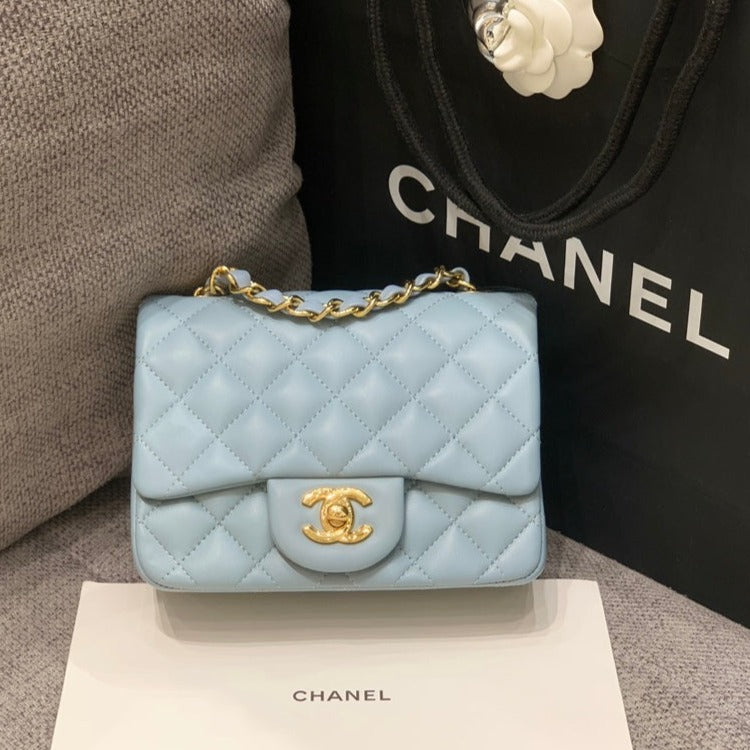 MINI SQUARE FLAP BAG 17CM CLOUD BLUE LAMBSKIN GOLD HARDWARE