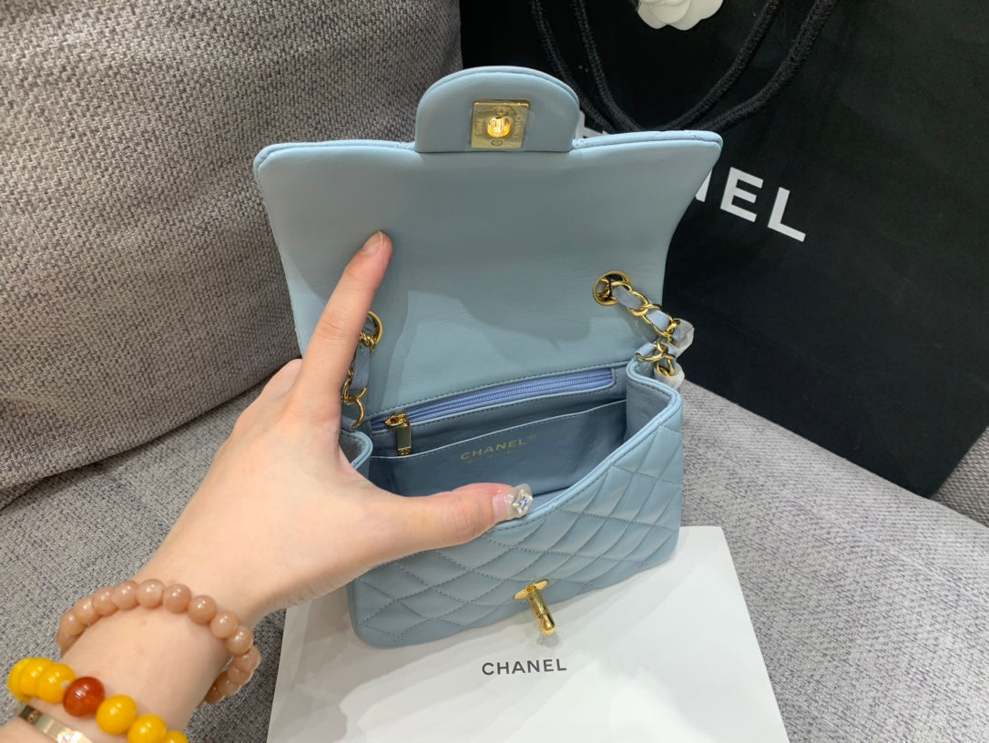 MINI SQUARE FLAP BAG 17CM CLOUD BLUE LAMBSKIN GOLD HARDWARE