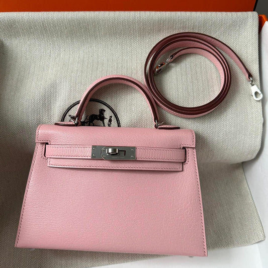 HM KELLY MINI 20 PINK CHEVRE SIVER HARDWARE