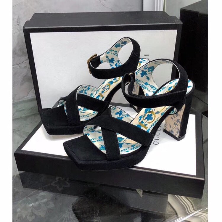 GG HIGH SANDAL BLACK SUEDE WITH PATTERNS