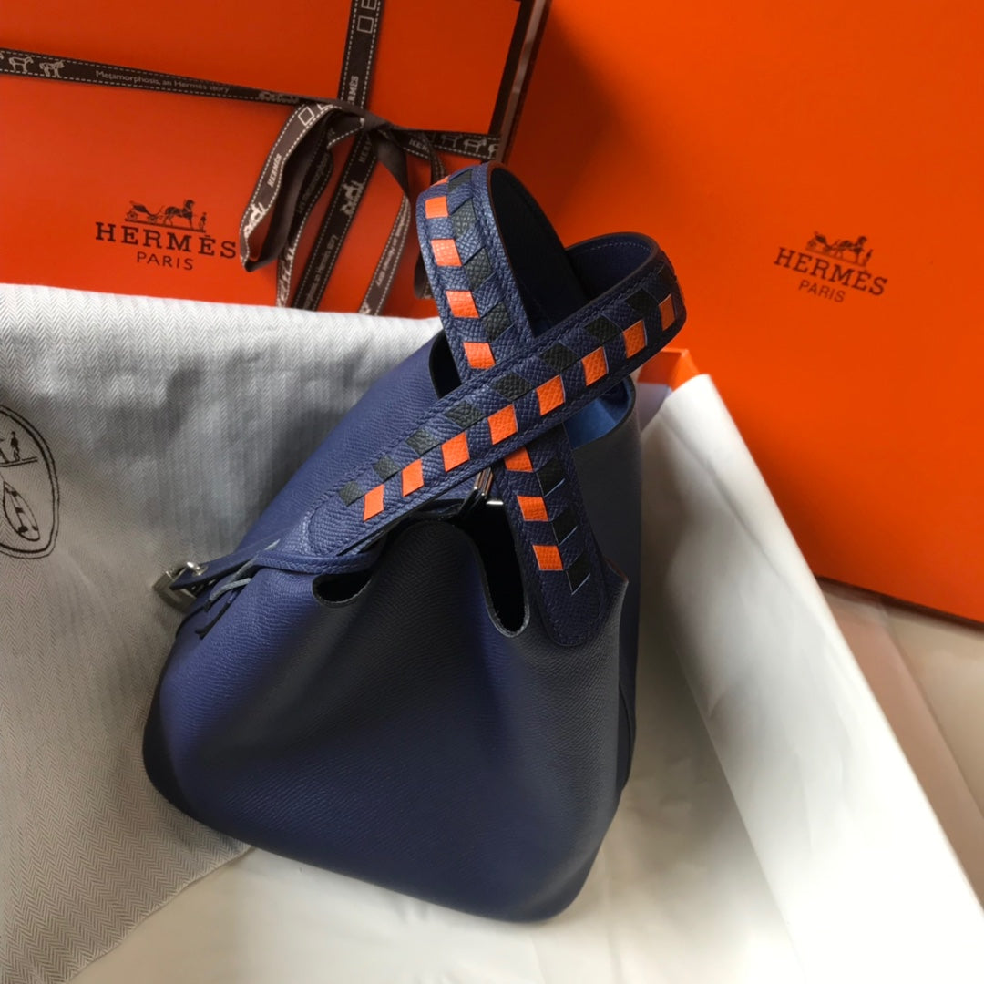 HM PICOTIN LOCK 22 NAVY EPSOM WITH BRAID STRAP