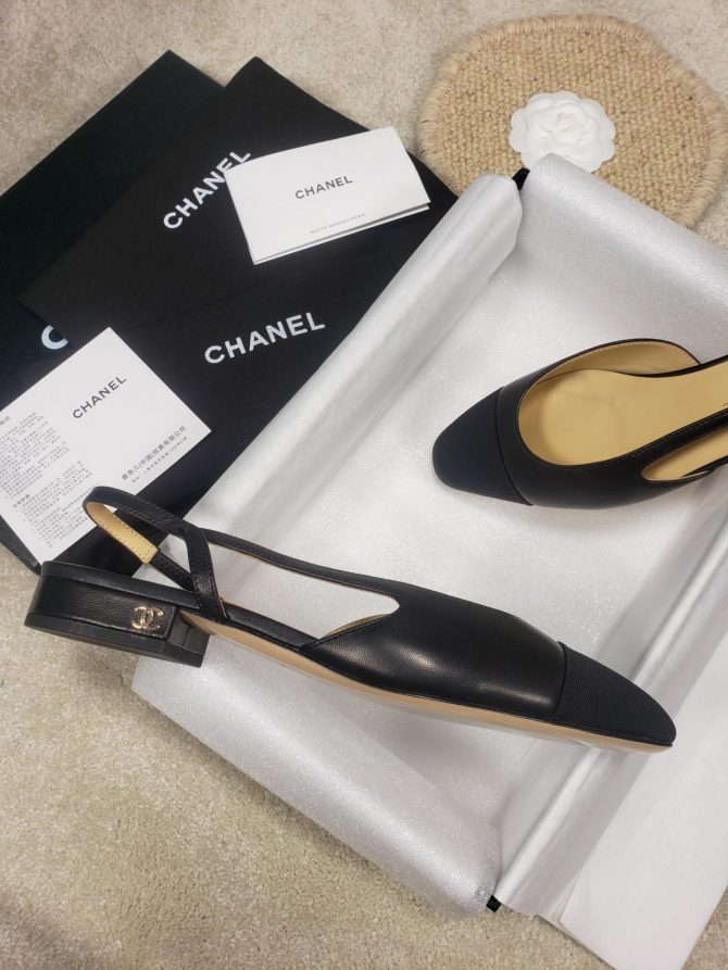 CC Slingback Flat Beige Lambskin Black Grosgrain Lambskin
