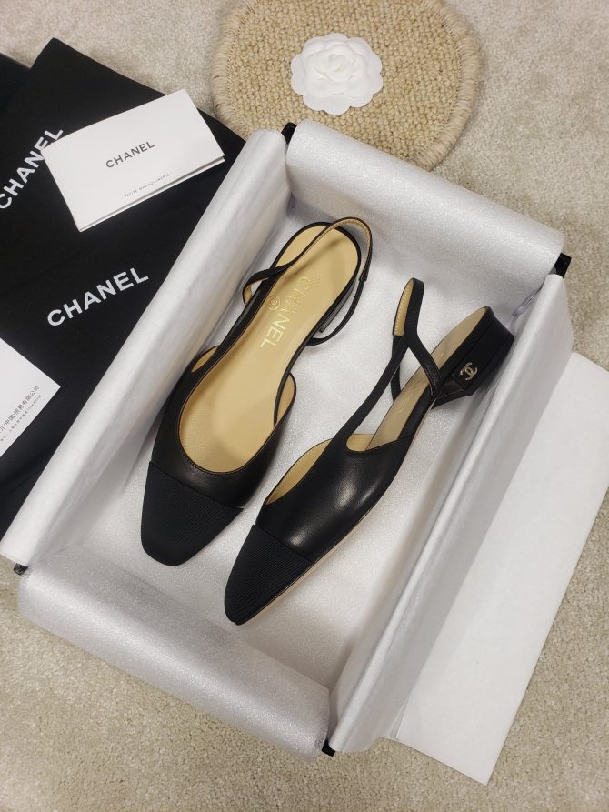 CC Slingback Flat Beige Lambskin Black Grosgrain Lambskin