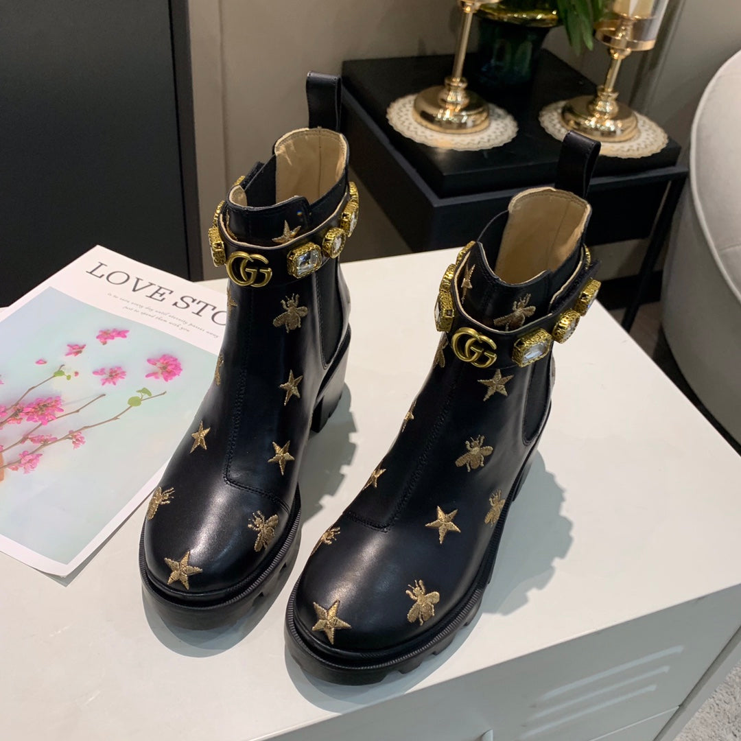 GG ankle boots star and bee black sheepskin with belt clearance