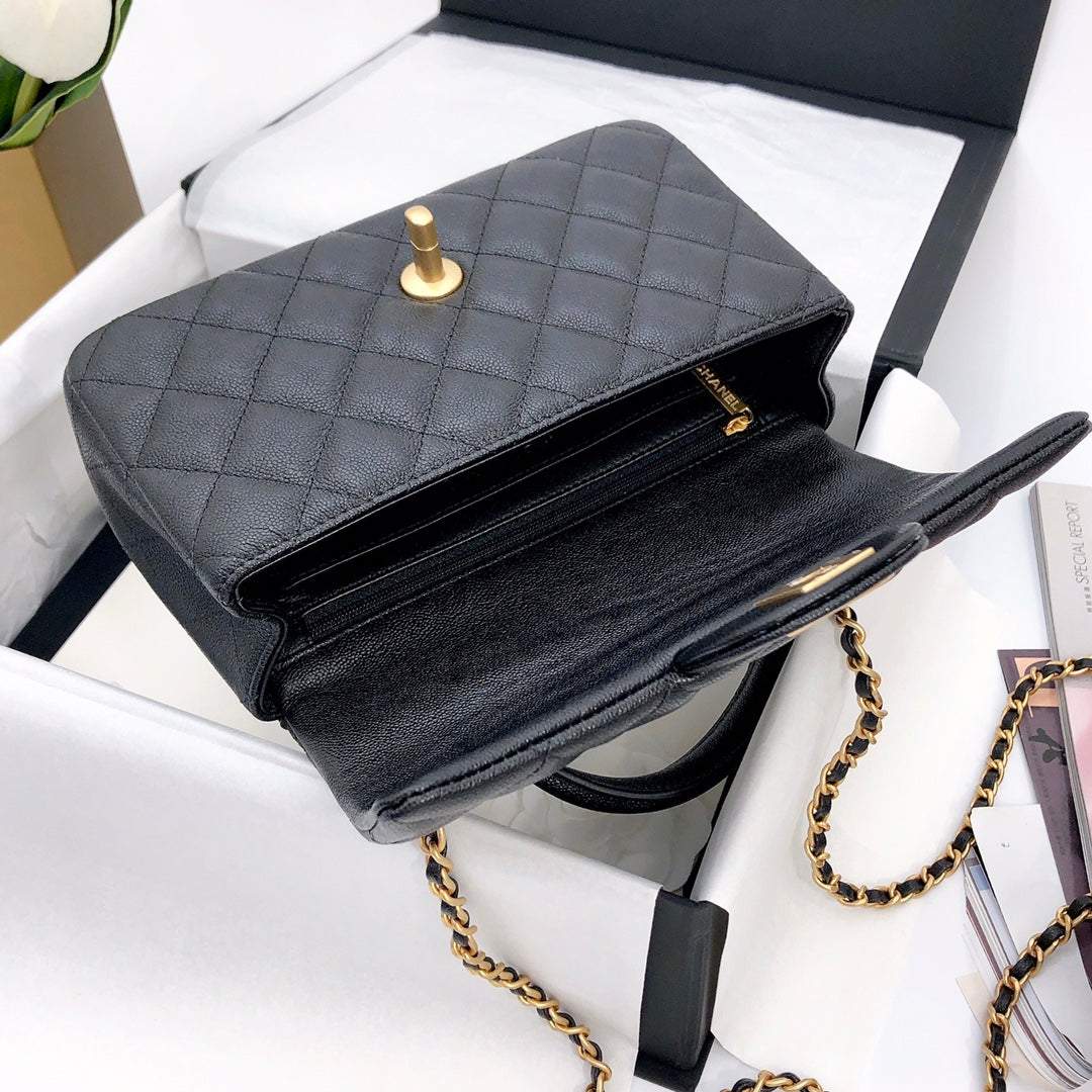 mini flap bag top handle 20cm black caviar gold hardware
