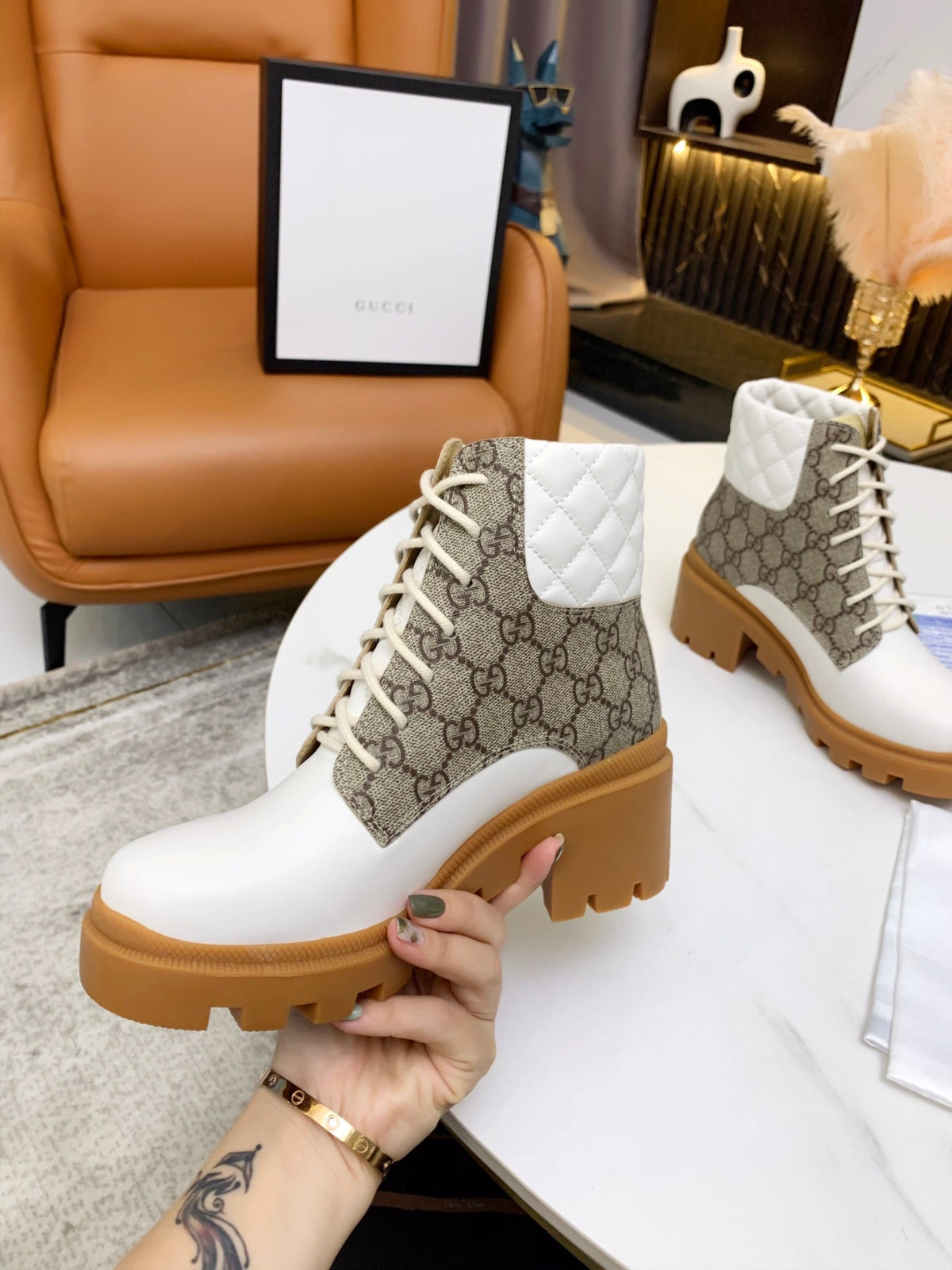 GG ankle boots white brown monogram canvas leather