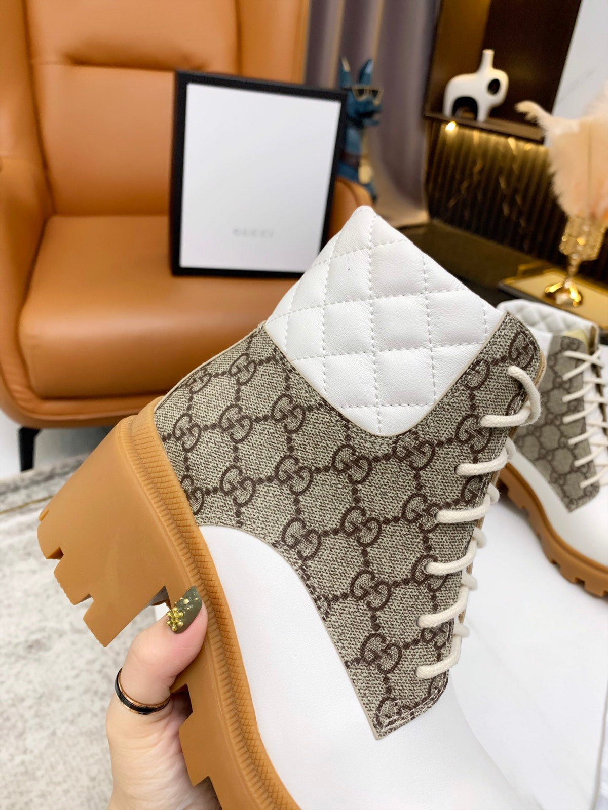 GG ankle boots white brown monogram canvas leather