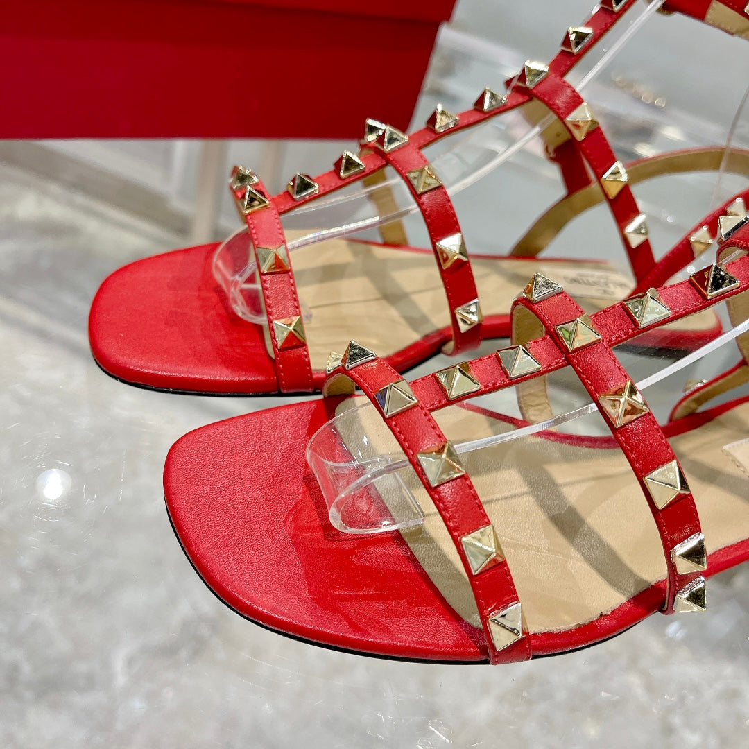 ROCKSTUD SANDAL WITH STRAPS IN CHERRY RED CALFSKIN