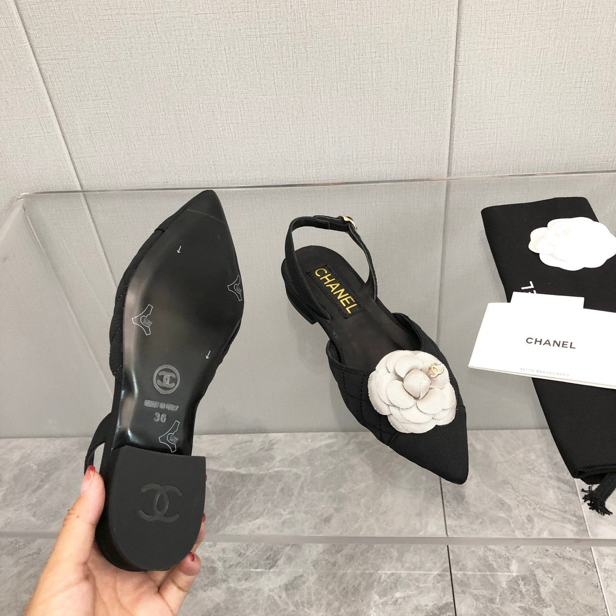 CC 25C 2CM Slingback Flats Black White Fabric 213237
