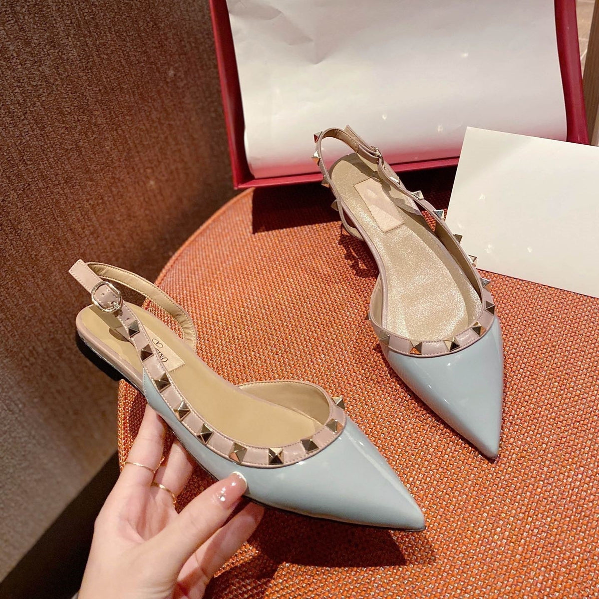 Rockstud Slingback Ballerina Flats Mist Blue Leather