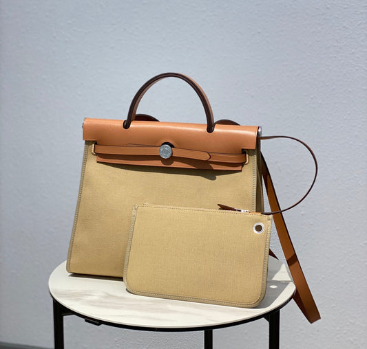 Herbag 31 Toile Beige Canvas Gold Cowhide Leather