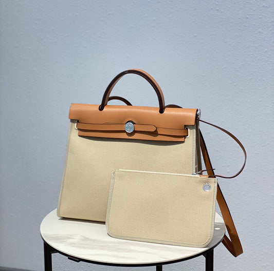 Herbag 31 Toile Light Beige Canvas Gold Cowhide Leather