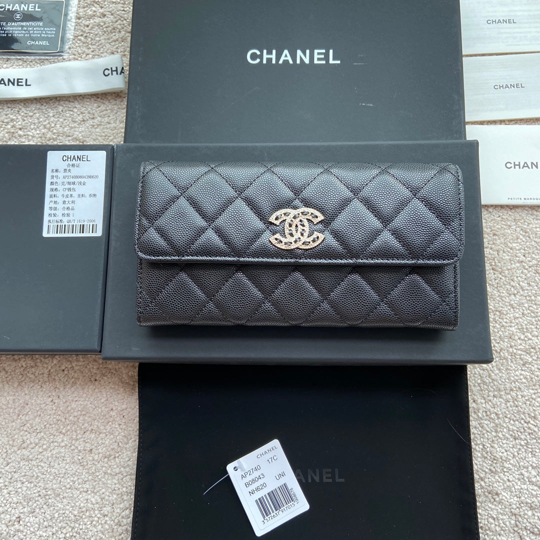 CC Classic Long Wallet 19cm Black Grained Calfskin