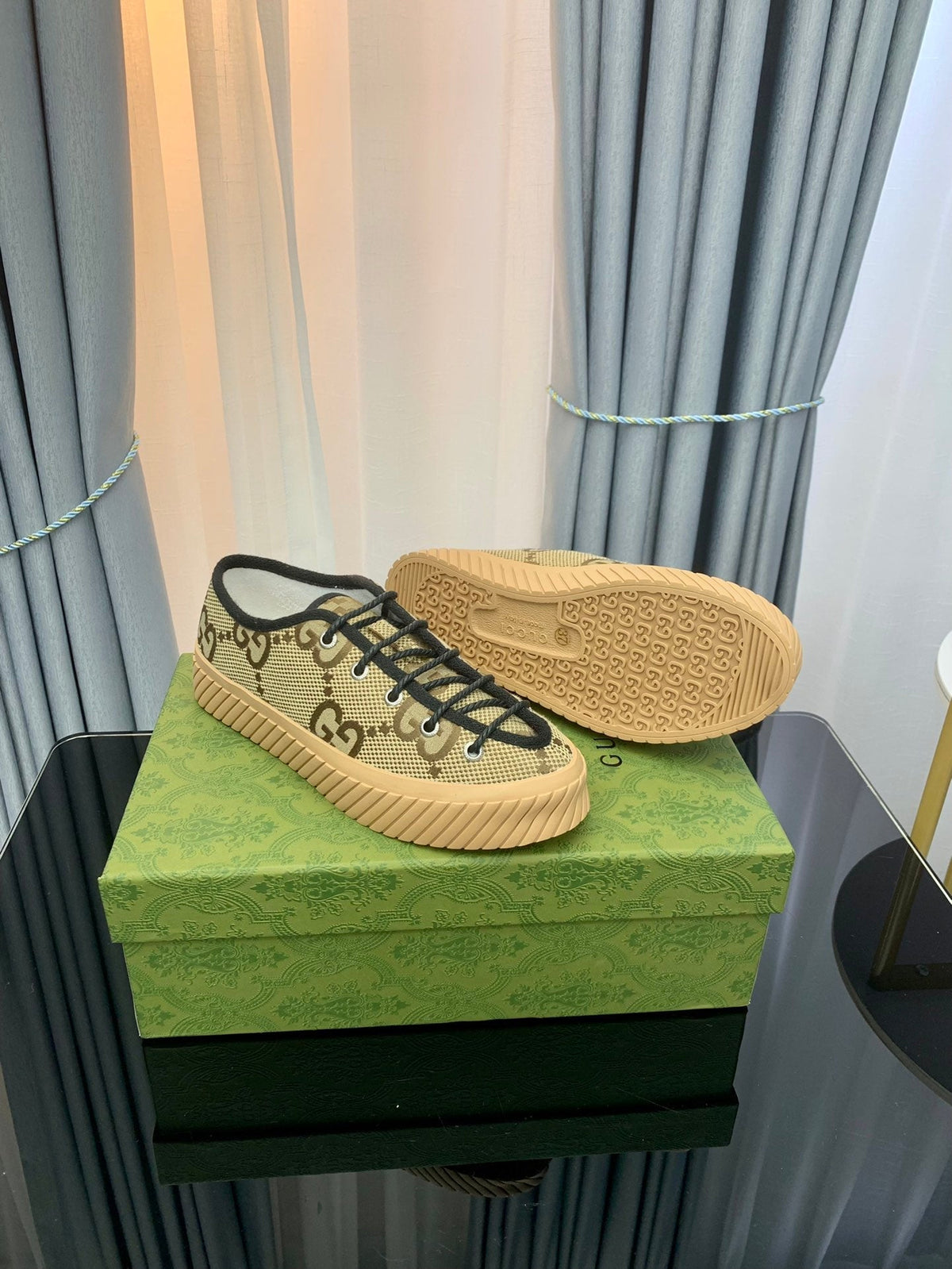 GG UNIQUE SNEAKER THICK-SOLE STRAW COLOR CANVAS