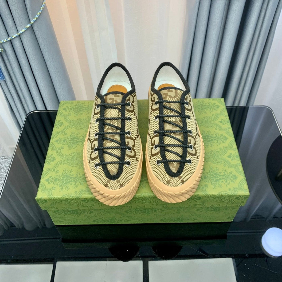 GG UNIQUE SNEAKER THICK-SOLE STRAW COLOR CANVAS