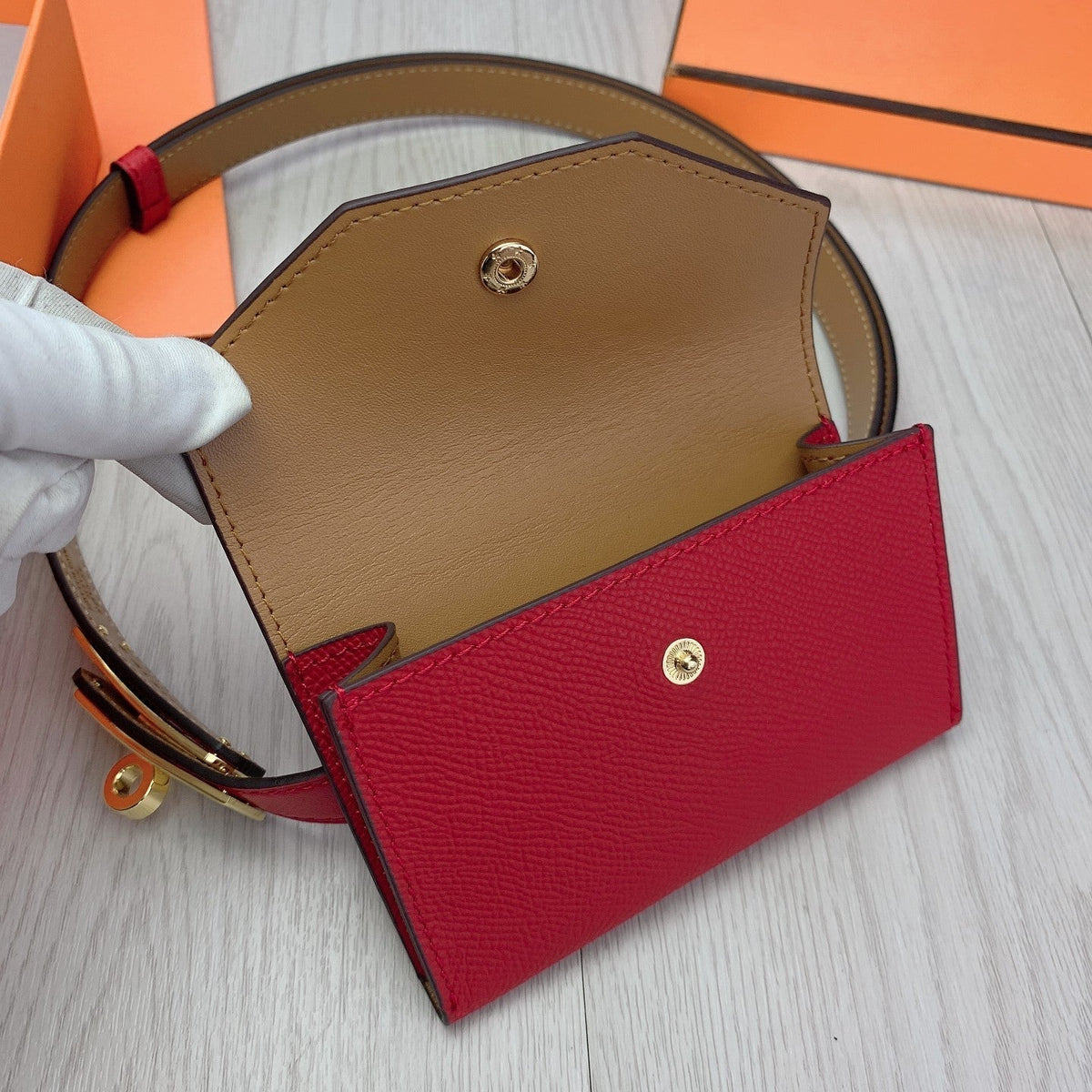 hm kelly belt 18mm with pocket dark red calfskin