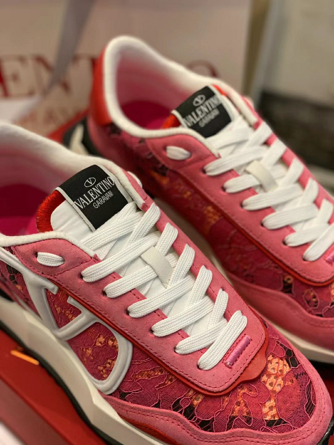 Lace And Mesh Lacerunner Sneaker In Pink Mix Red Orange 994618