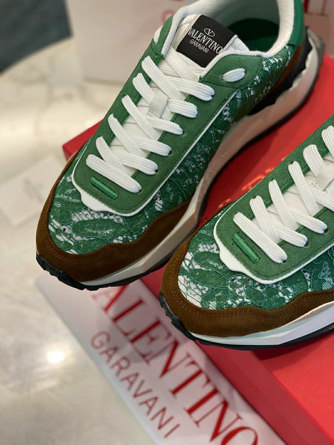Lace And Mesh Lacerunner Sneaker In Green White Mix Earth Brown 994623