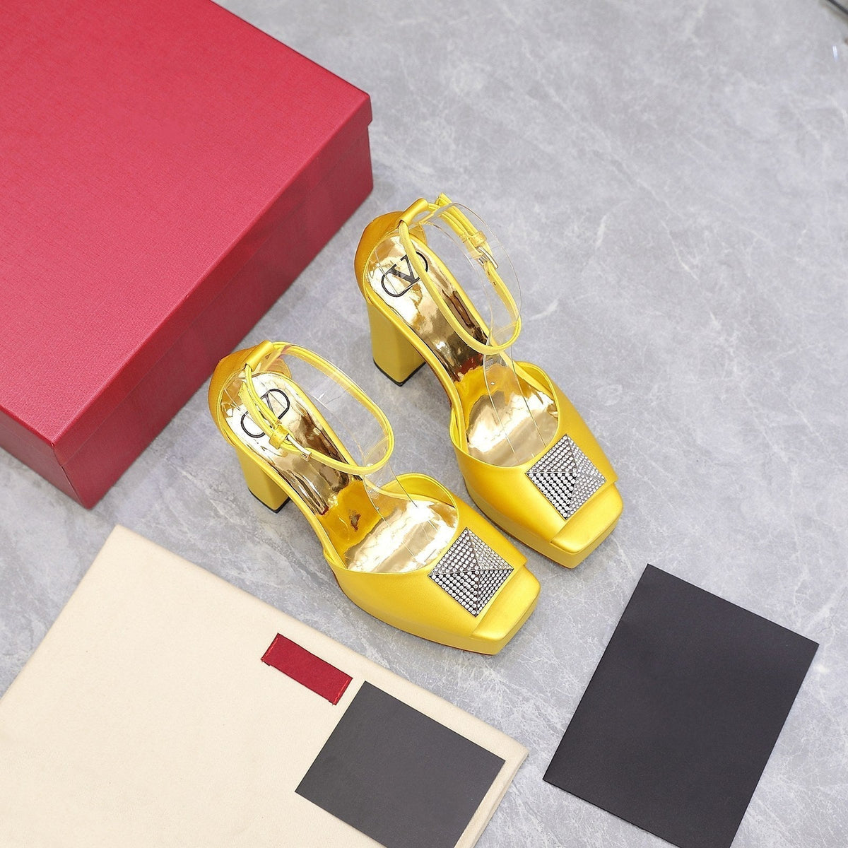 Open Toe Pump With One Stud Diamond Patent Yellow Leather 130MM