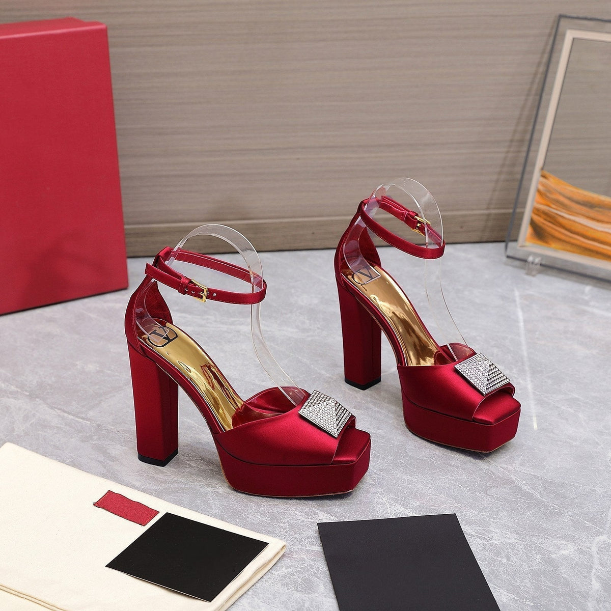 Open Toe Pump With One Stud Diamond Patent Red Leather 130MM