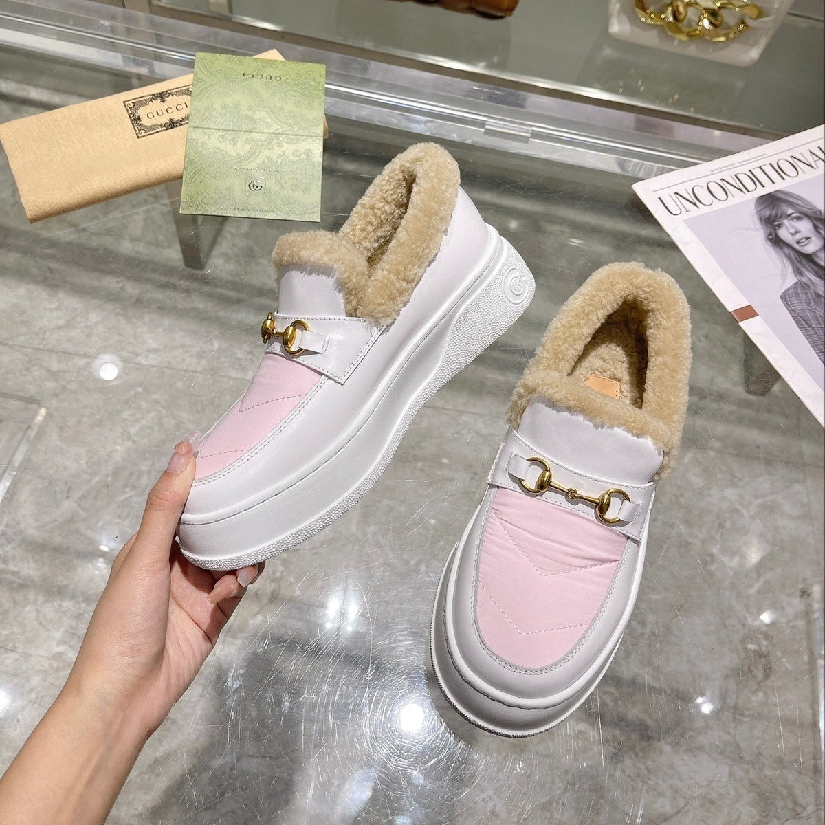 GG Snow Boots White Pink Calfskin Wool 576241