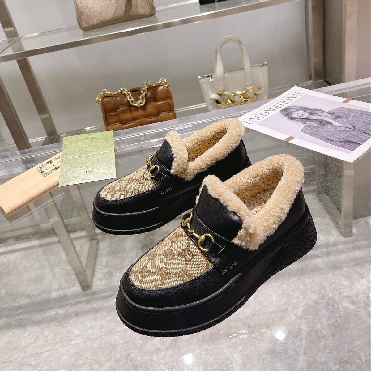 GG Snow Boots Black Beige Calfskin Denim Wool 576250
