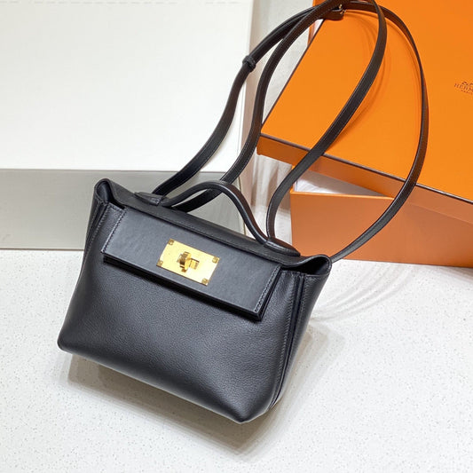 HM Mini 24 Sur 24 Bag 21cm Black Swift Cowhide Gold Hardware 250257