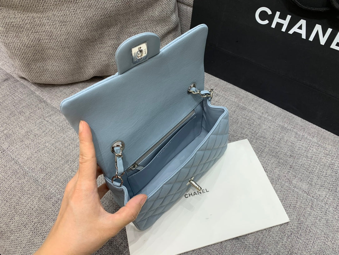flap bag mini 20cm light cloud blue caviar silver hardware