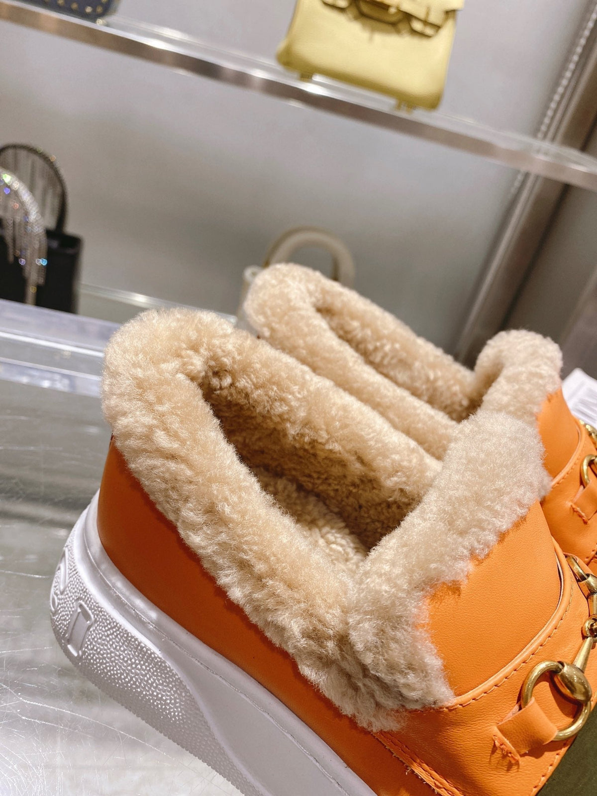 GG Snow Boots Orange Olive Cowhide Wool 576233