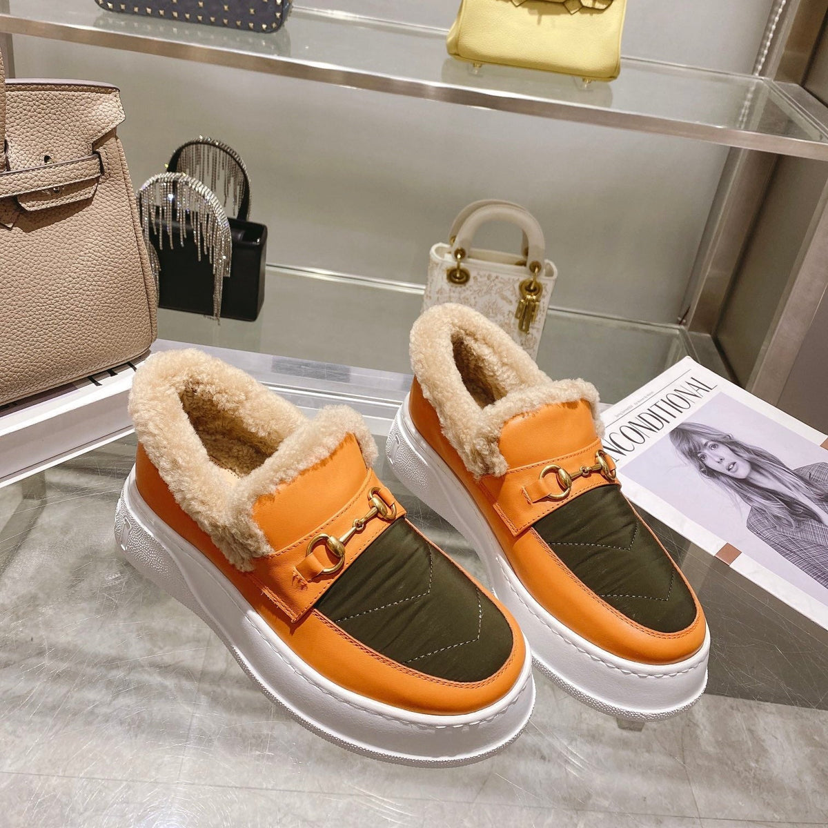 GG Snow Boots Orange Olive Cowhide Wool 576233