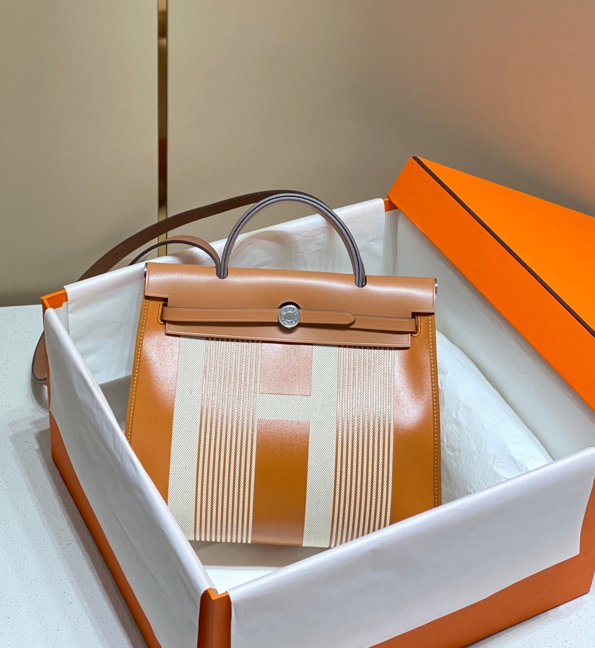 Herbag 31 Toile White Gold Canvas Gold Cowhide Leather