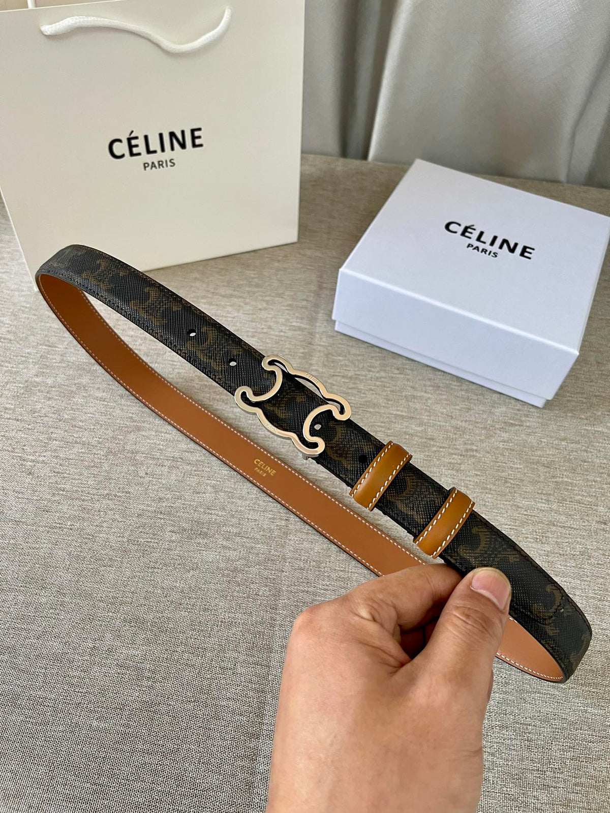 CL logo Cut-out Belt 25mm Black Tan Triomphe Canvas Shw