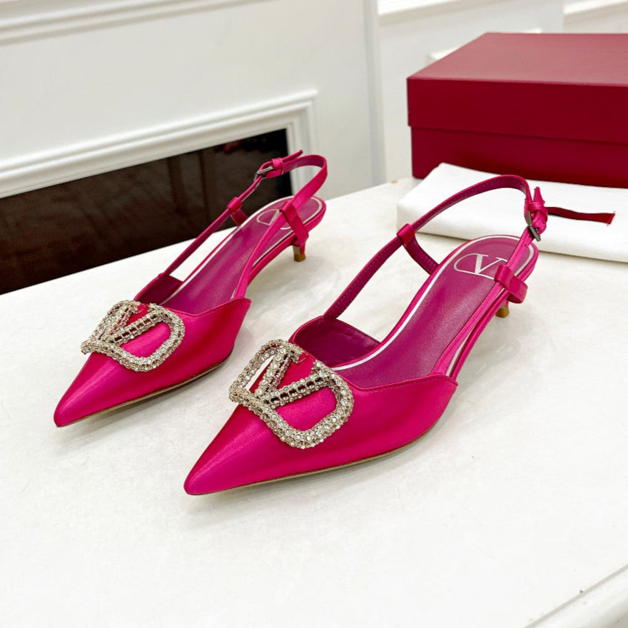 Valentino 25 Vlogo Signature Slingback Pumps Hot Pink Pastel Silk 239502
