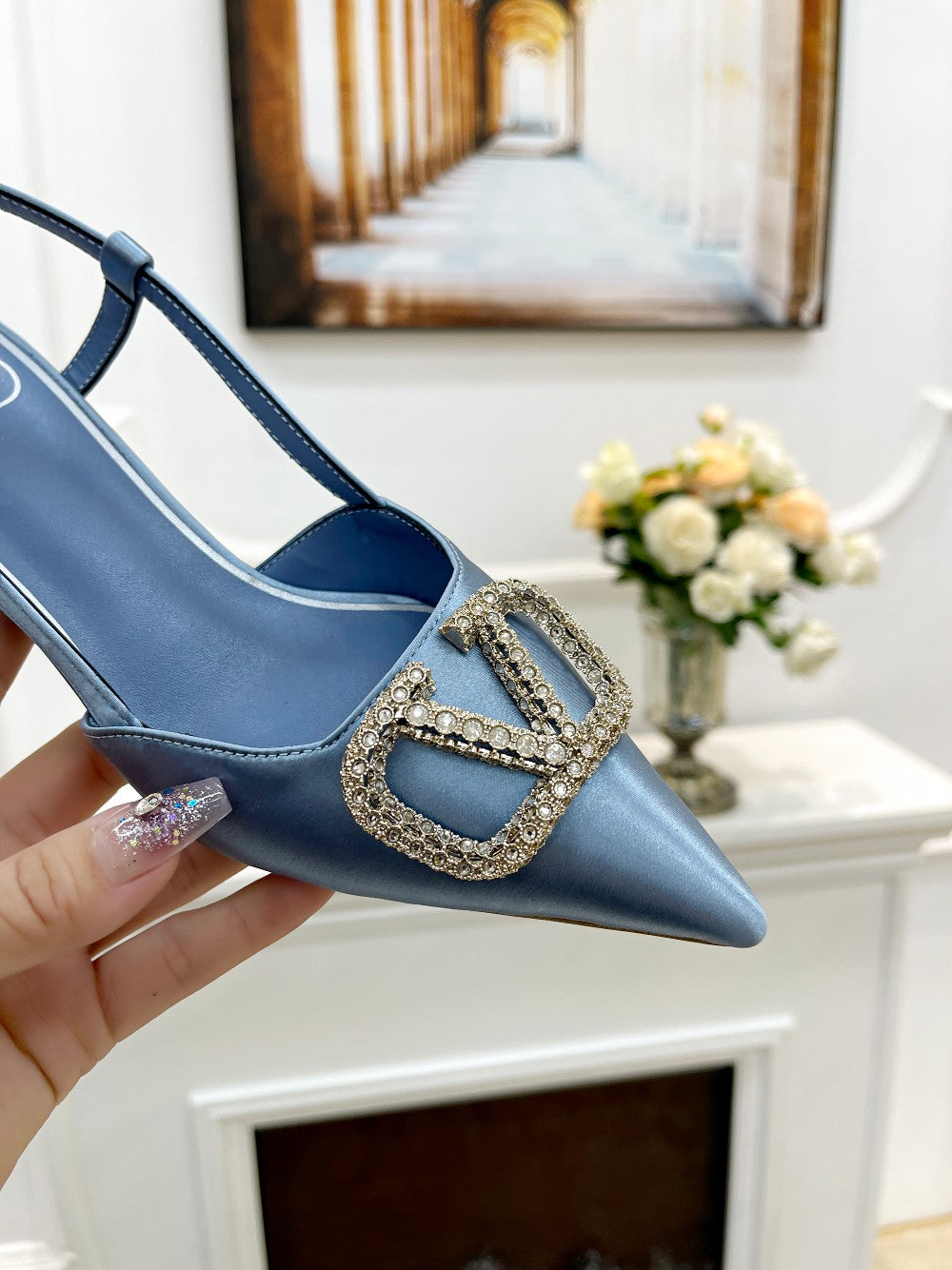 Valentino 25 Vlogo Signature Slingback Pumps Blue Pastel Silk 239503