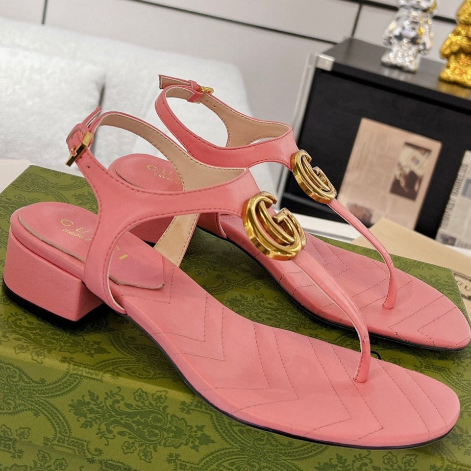 GC Double G Block Heel Thong Sandals Pink Leather 292409