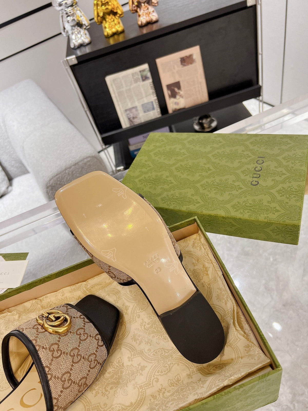 GG EXCLUSIVE SLIDE SANDAL BLACK AND BROWN FABRIC