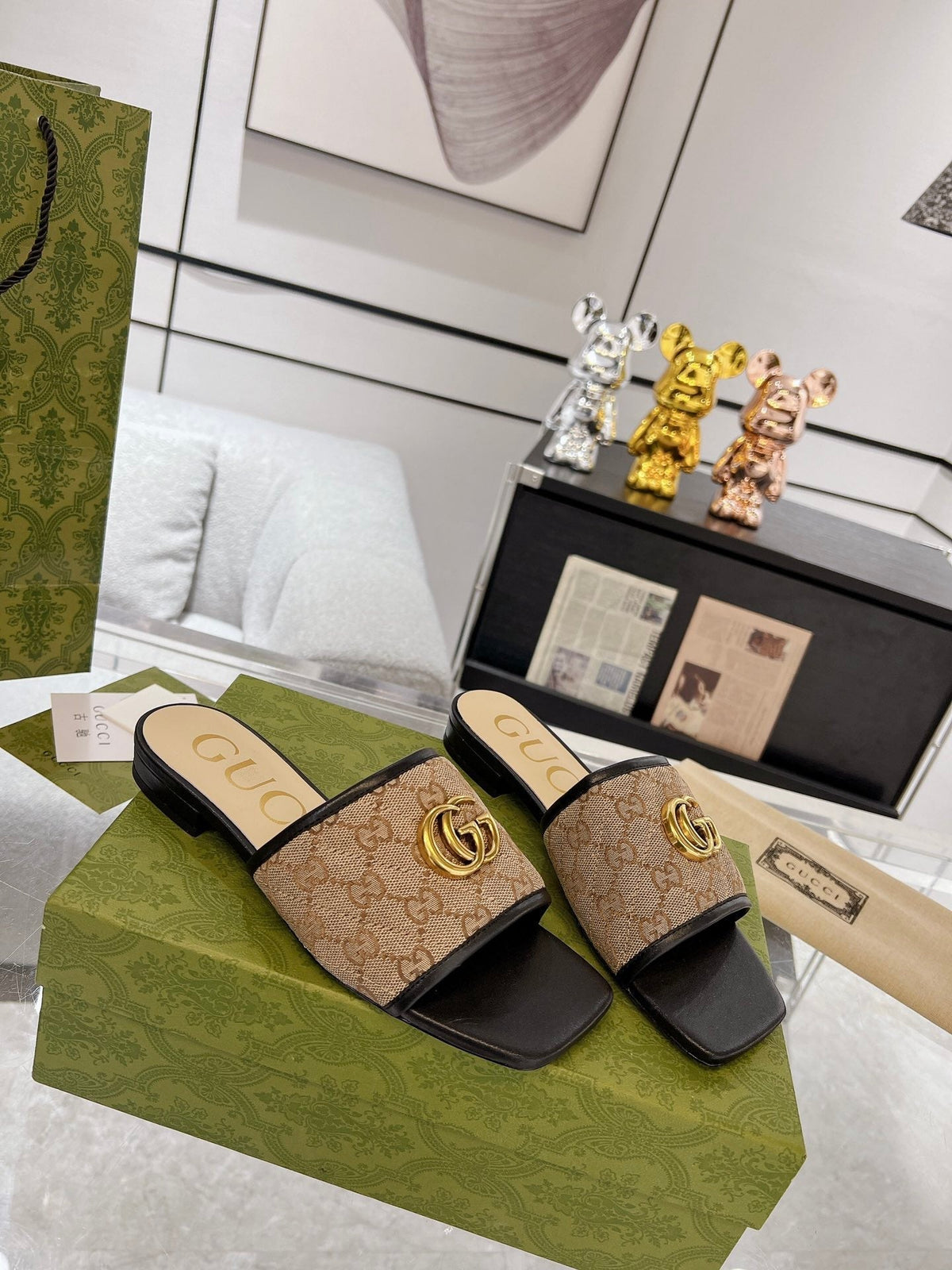 GG EXCLUSIVE SLIDE SANDAL BLACK AND BROWN FABRIC