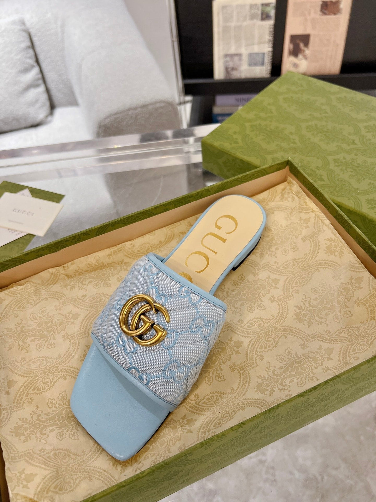 GG EXCLUSIVE SLIDE SANDAL SKY FABRIC