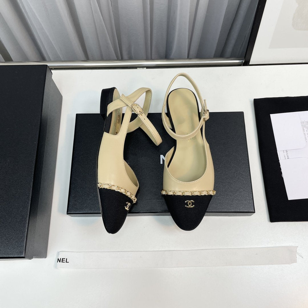 slingback beige lambskin black leather chain grosgrain