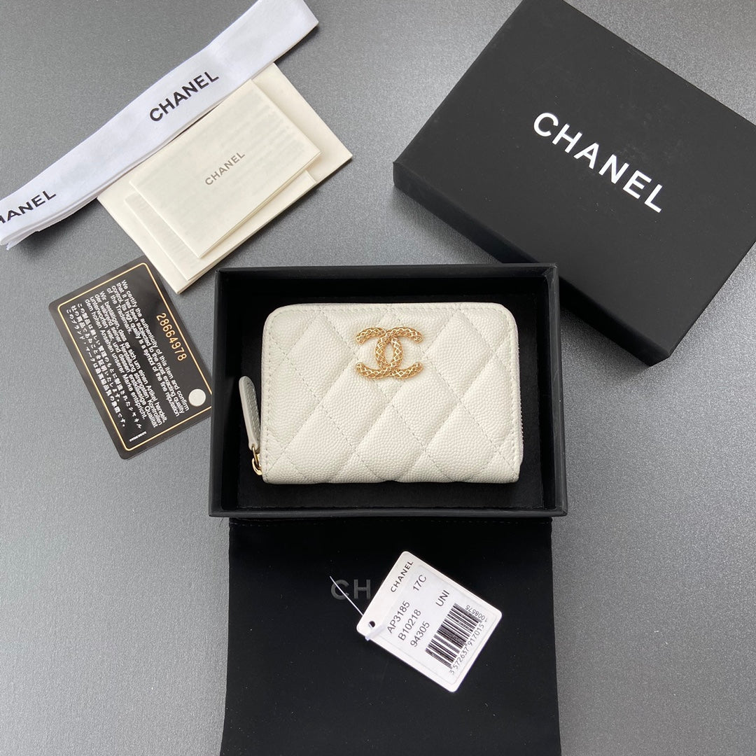 CC A3185 Zipper Coin Purse White Caviar GHW 193265