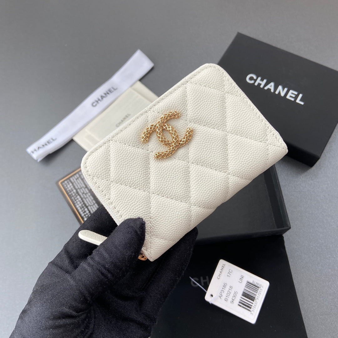 CC A3185 Zipper Coin Purse White Caviar GHW 193265