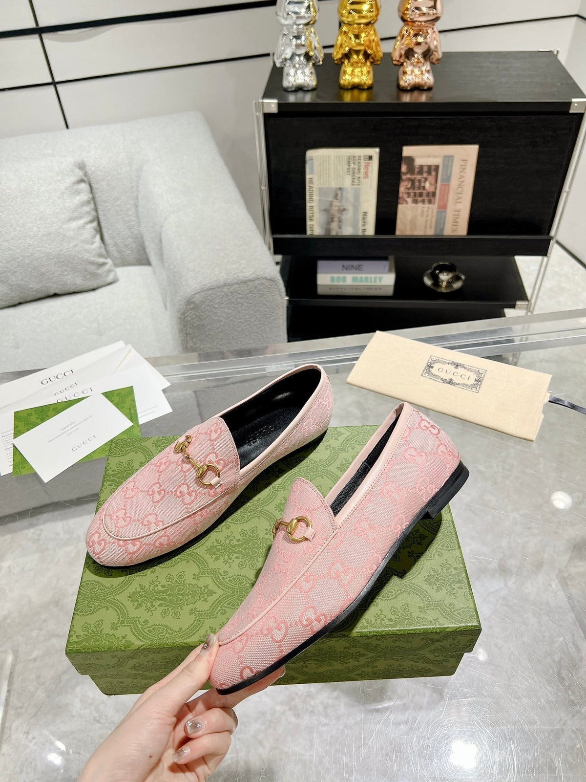 MEN'S LOAFER WITH HORSEBIT IN PINK PASTEL MONOGRAM JACQUARD FABRIC