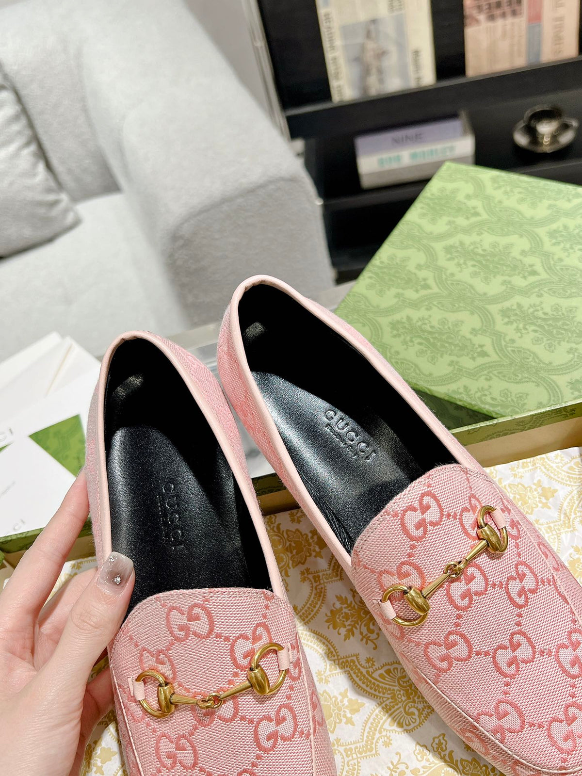 MEN'S LOAFER WITH HORSEBIT IN PINK PASTEL MONOGRAM JACQUARD FABRIC