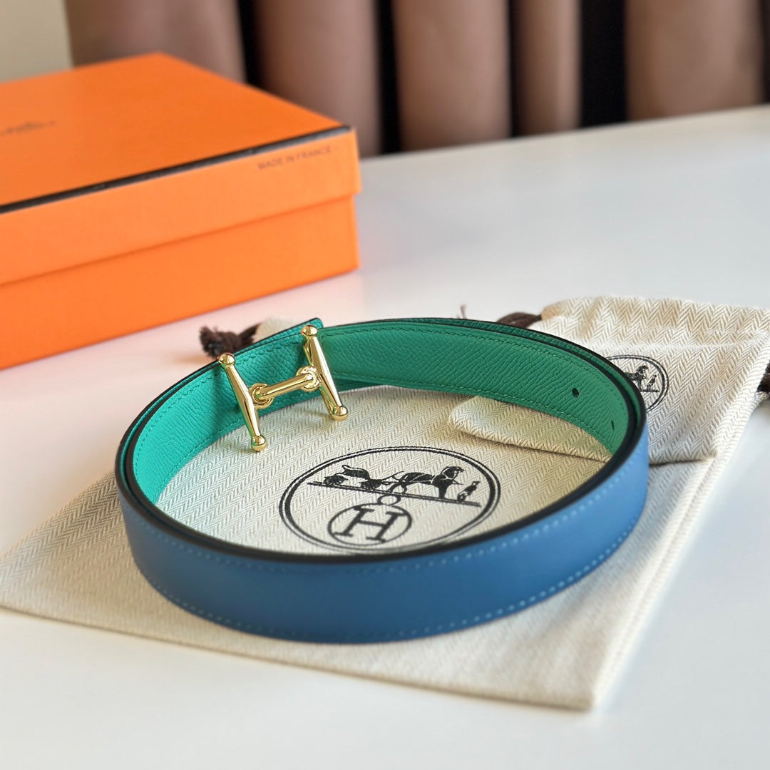 HM Gold Mors H buckle & Reversible 24 mm belt Blue Green leather 125357