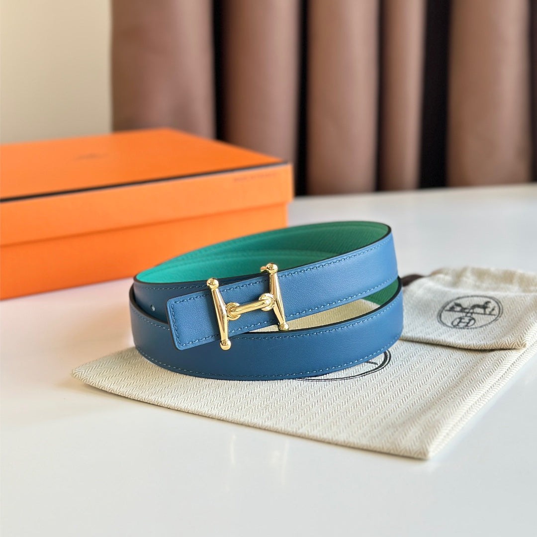 HM Gold Mors H buckle & Reversible 24 mm belt Blue Green leather 125357